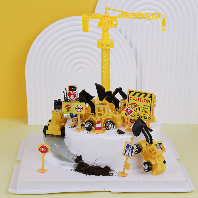 男孩生日烘焙蛋糕装饰挖掘机工程车卡通汽车动员摆件路障塔吊摆件