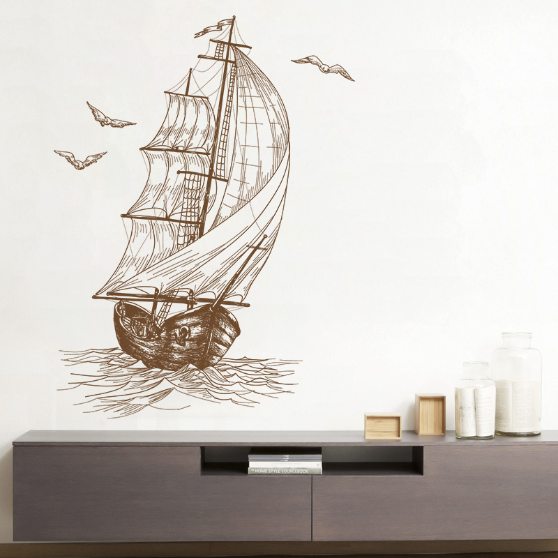 卧室床头墙壁大帆船墙贴画自粘遮丑贴纸背景墙上瓷砖装饰图案地板