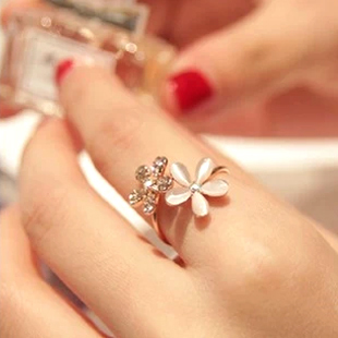 欧美韩版小清新人工猫眼石花朵食指戒指韩版潮人饰品指环可调大小