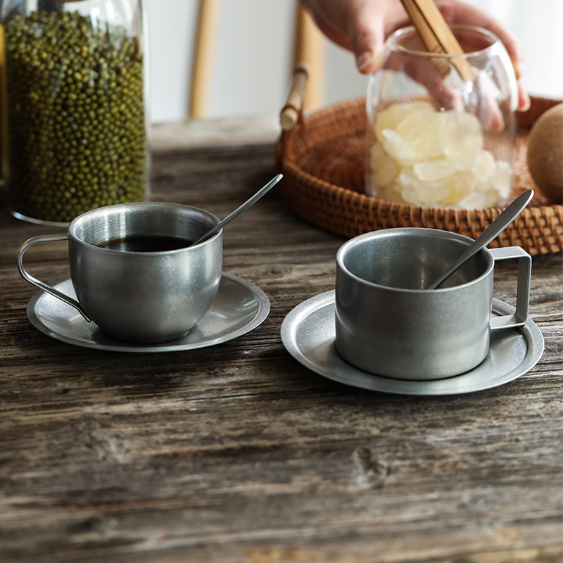日式雪花砂复古做旧304不锈钢双层咖啡杯碟勺套装家用哑光餐具
