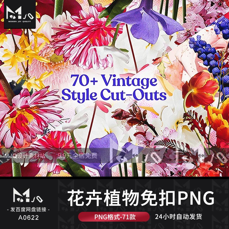 潮流复古鲜艳植物花卉花朵拼贴剪裁PNG免抠图片平面MJQ设计素材站