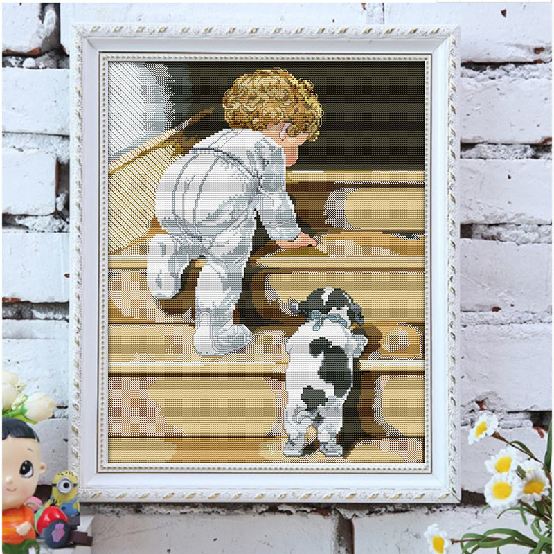 印花十字绣励志爬楼梯小男孩宝宝生肖狗努力向上不怕艰辛困难激励