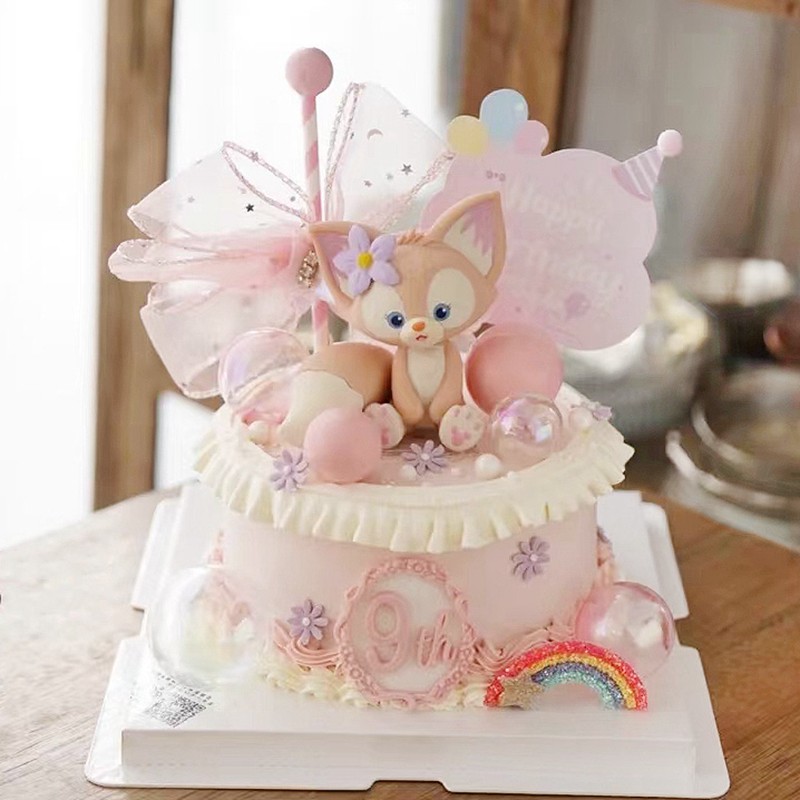 网红粉色卡通狐狸蛋糕装饰摆件川沙妲己女孩生日周岁插件派对配件