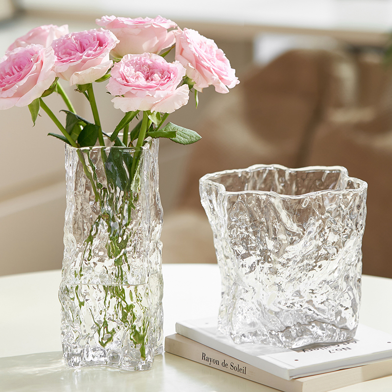 轻奢冰川工艺创意玻璃花瓶简约风透明插花玫瑰百合客厅摆件高级感