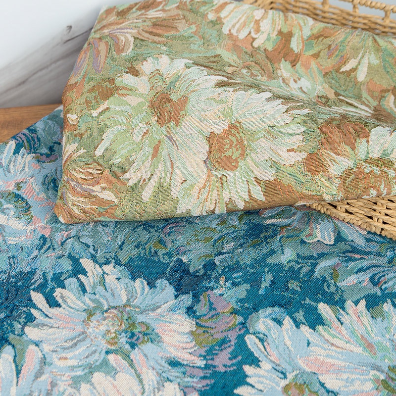 莫奈的画花园油画风向日葵提花布料手工DIY包裙子服装设计师面料