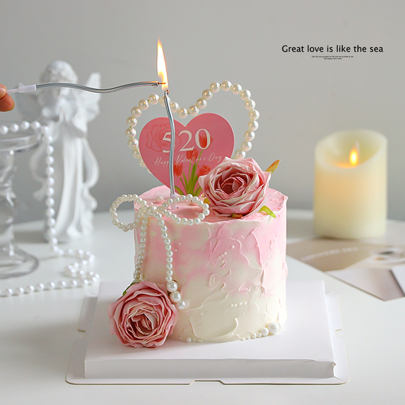 520情人节蛋糕装饰玫瑰摆件珍珠蝴蝶结爱心节日快乐插牌告白插件