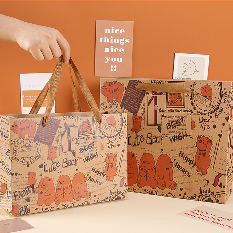 520礼品袋子节手提包装横版送生日卡通小熊牛皮纸可爱创意礼物袋