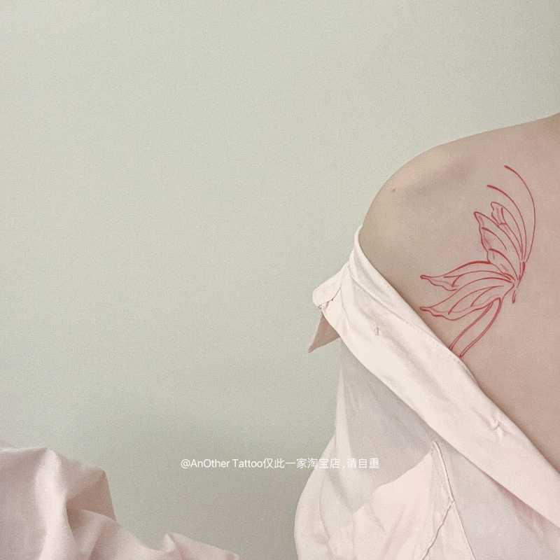 AnOther Tattoo红色纯欲洋气线条蝴蝶肩膀女纹身贴买一送一防水