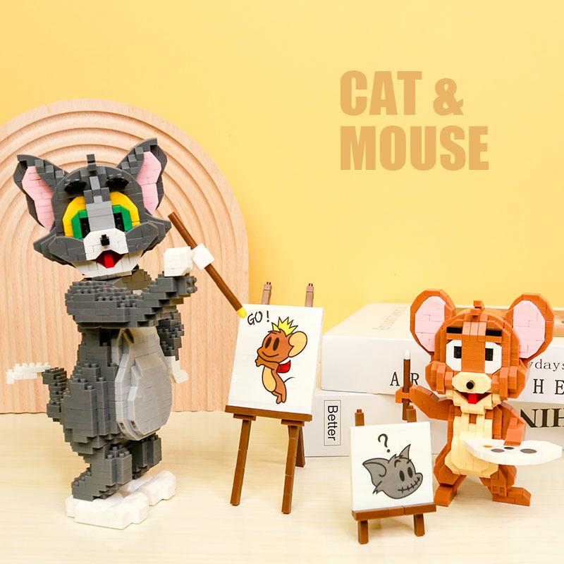 兼容乐高微颗粒积木猫抓老鼠卡通公仔桌面摆件儿童拼装玩具礼物