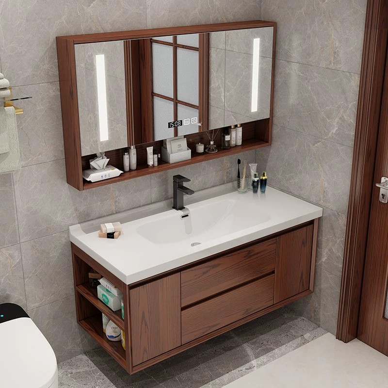 九牧新中式红橡木陶瓷一体盆浴室柜组合智能卫生间洗手脸盆卫浴柜