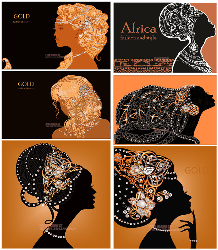 A0874矢量AI设计素材 非洲女性人物头像剪影珠宝头饰侧影背景图