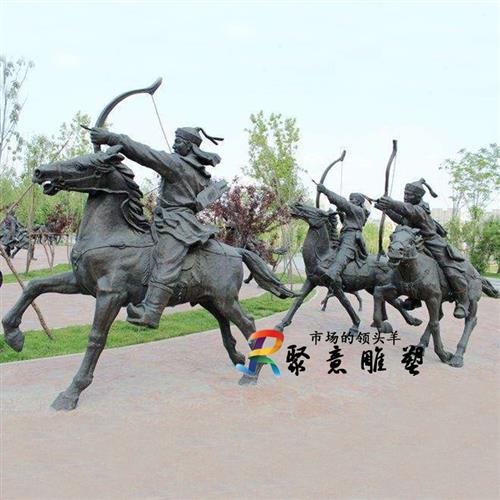 玻璃钢仿铜古代人物闽越王骑马狩猎雕塑公园户外射箭打猎生活摆件