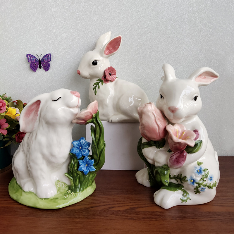 Blue sky布鲁瓷纯手绘陶瓷兔子摆件复活节系列大白兔装饰工艺品
