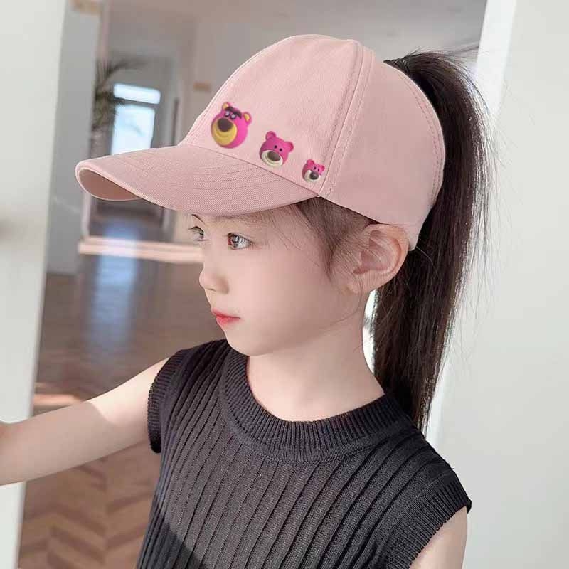女童马尾棒球帽夏季新款儿童空顶遮阳帽女童卡通草莓粉色鸭舌帽子