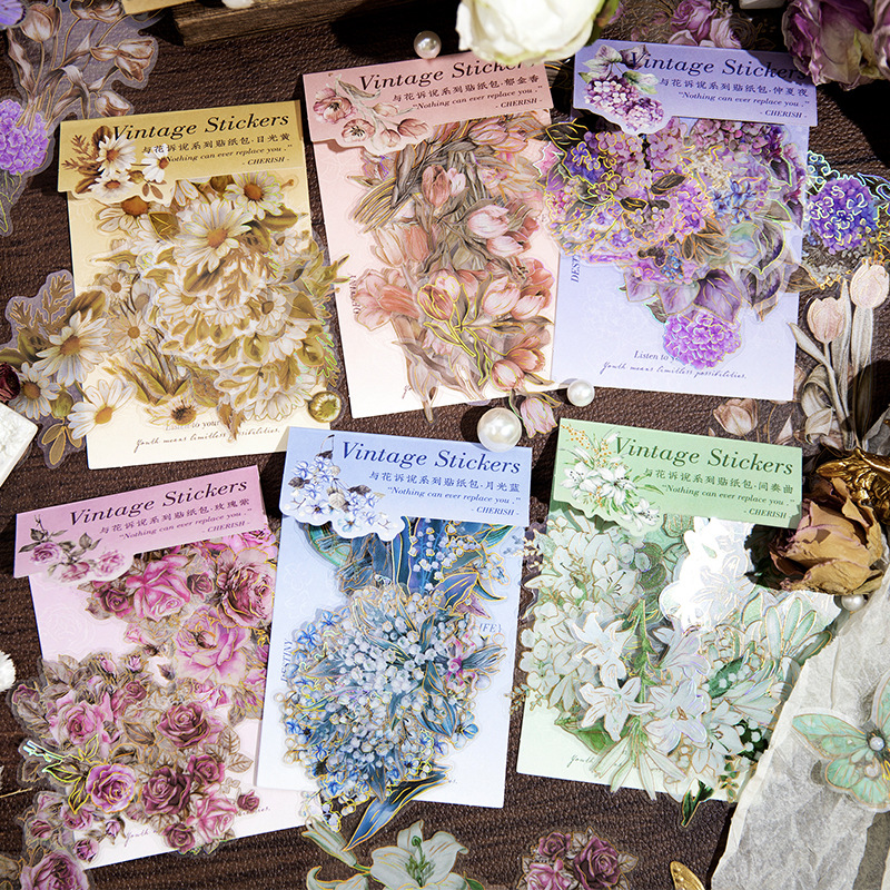 手账PET烫金贴纸包与花诉说玫瑰复古植物花卉手帐素材diy装饰贴画