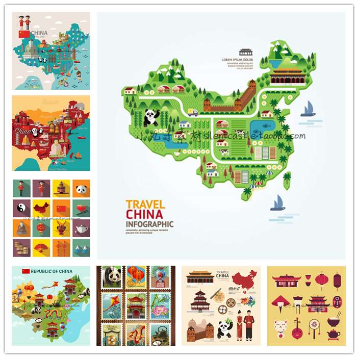 A0387矢量AI设计素材 扁平化中国元素图标icons熊猫长城建筑