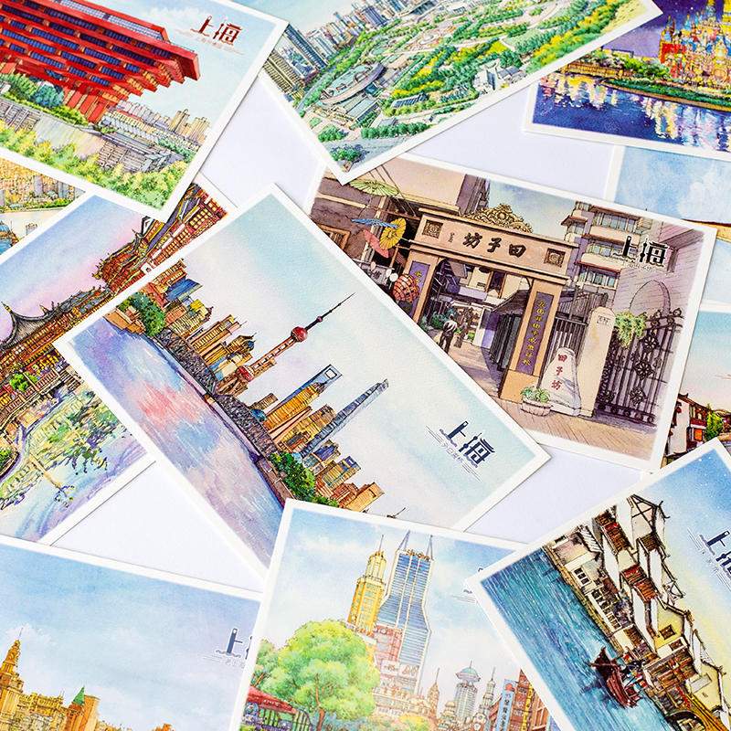 上海创意文艺旅游纪念品风景旅行装饰卡片特色景点手绘书签明信片