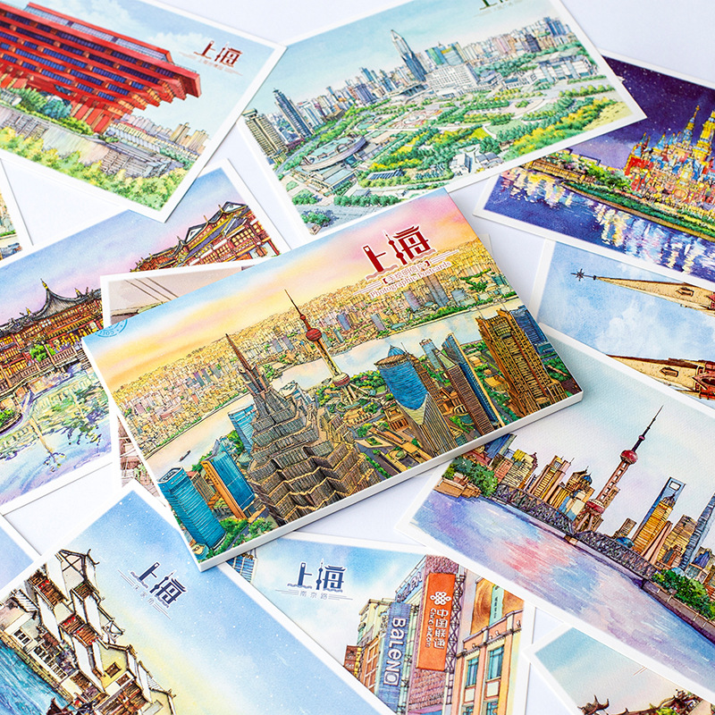 12张精美手绘明信片上海城市风景陆家嘴老外滩人民广场城隍庙淡彩
