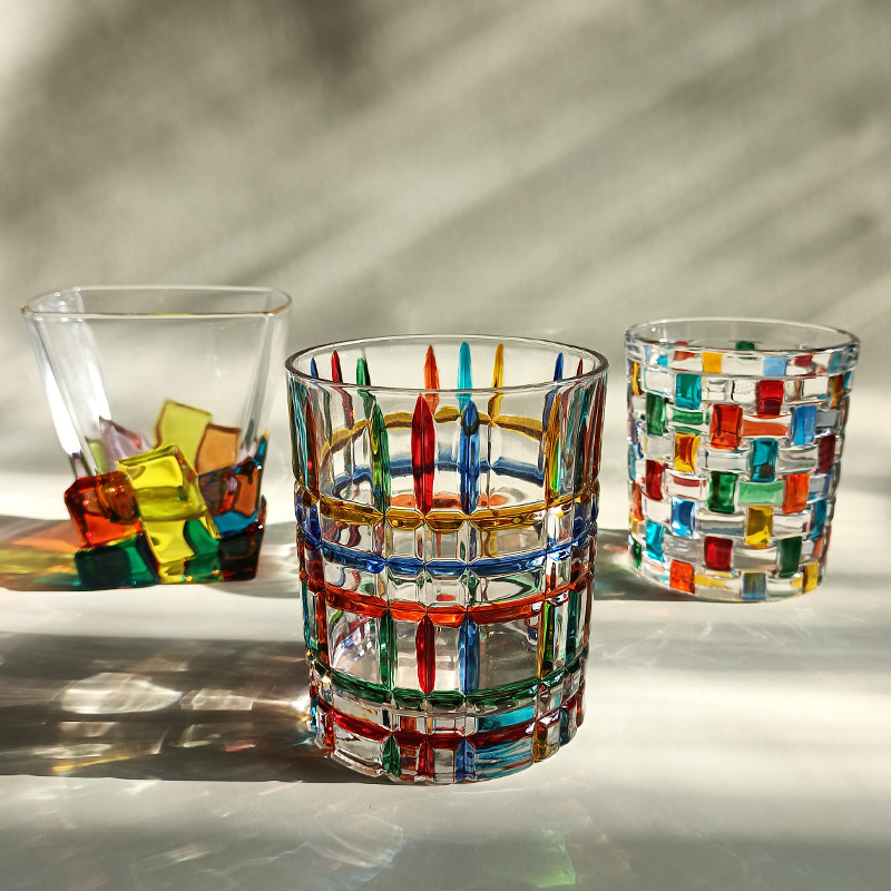 意大利设计师同款手绘彩绘线条编织水晶玻璃杯威士忌杯水杯洋酒杯