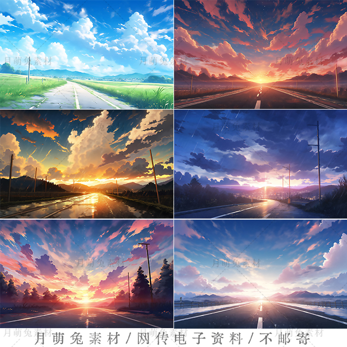 动漫风夕阳傍晚蓝天白云天空和高速公路海报卡片图片背景设计素材