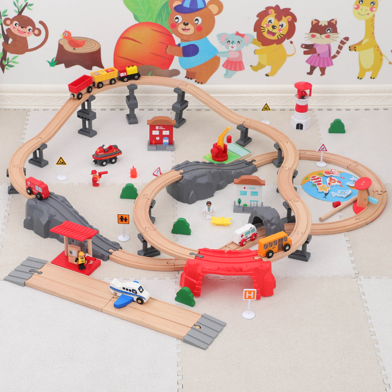 木质小火车轨道 海滨灯塔场景亲子互动拼装玩具男女宝礼物2-6岁
