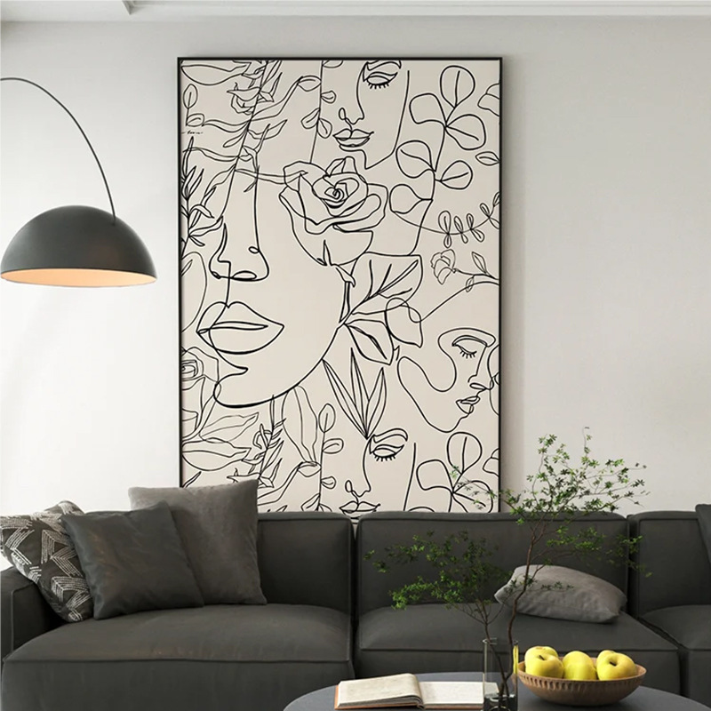 轮廓现代黑白抽象人物装饰画简约植物花卉挂画餐厅玄关线条壁画