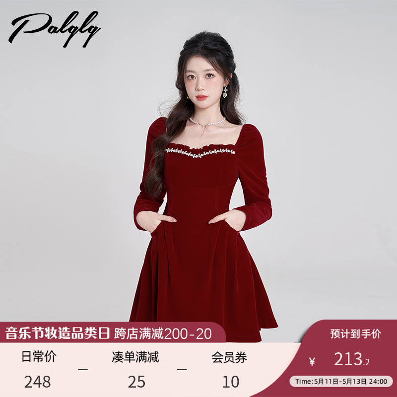 圣诞红色方领气质连衣裙女冬季2023新款设计感甜美设计感法式裙子