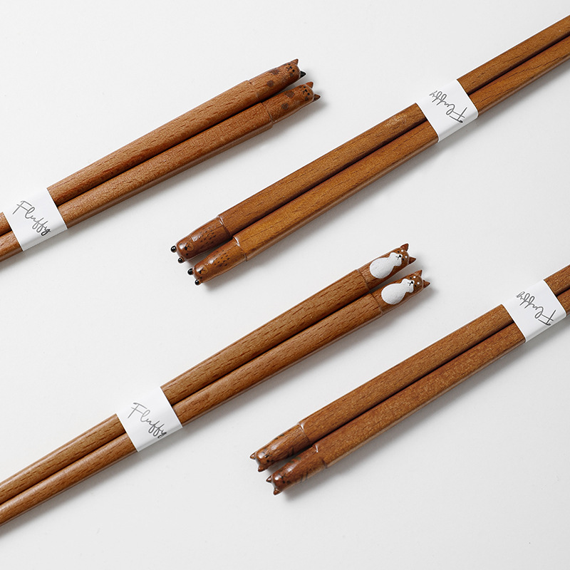 日本进口手工木筷创意动物柴犬造型家用防滑日式尖头儿童筷子