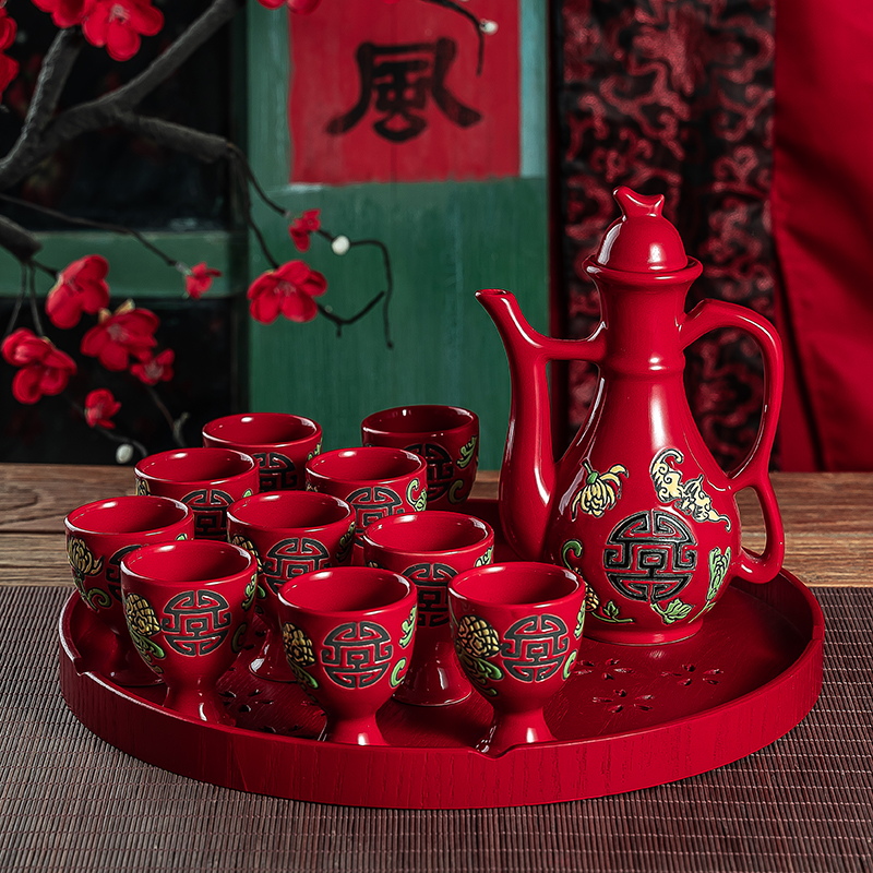 中式陶瓷红色酒具套装婚礼交杯酒敬酒杯酒壶结婚用品礼物陪嫁嫁妆
