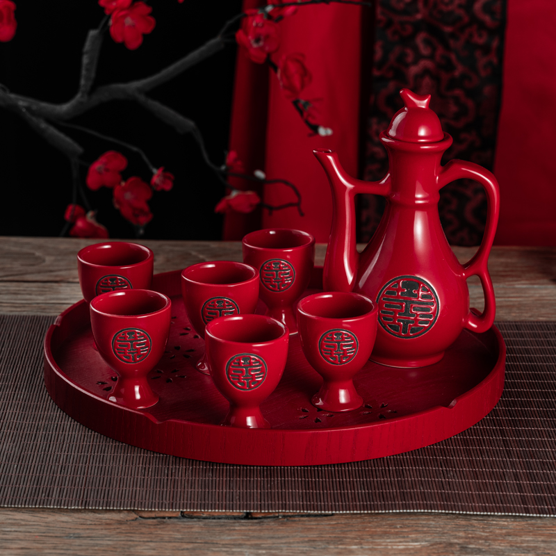中式双喜陶瓷红色酒具套装婚礼交杯酒敬酒杯酒壶结婚礼物礼品嫁妆