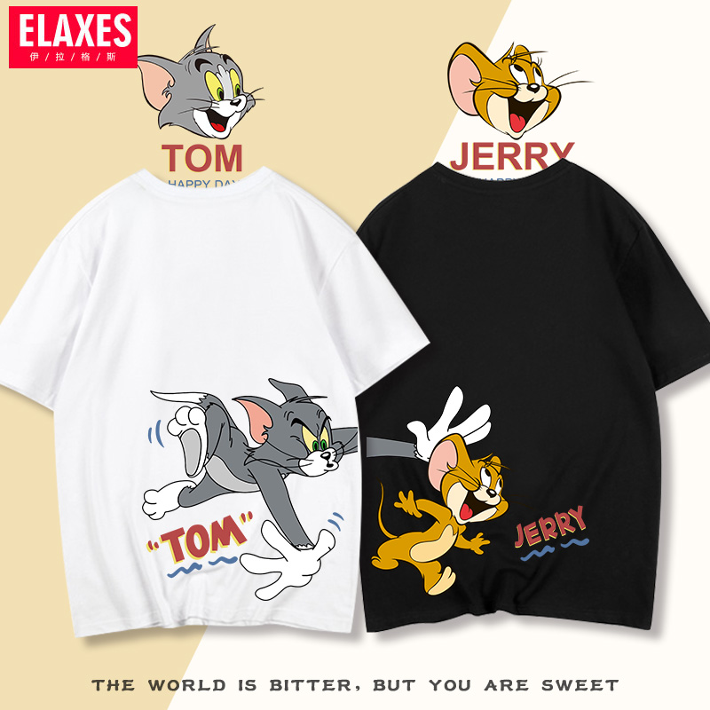 猫和老鼠情侣T恤欧美卡通洋气设计感夏季短袖纯棉宽松学生半袖ins