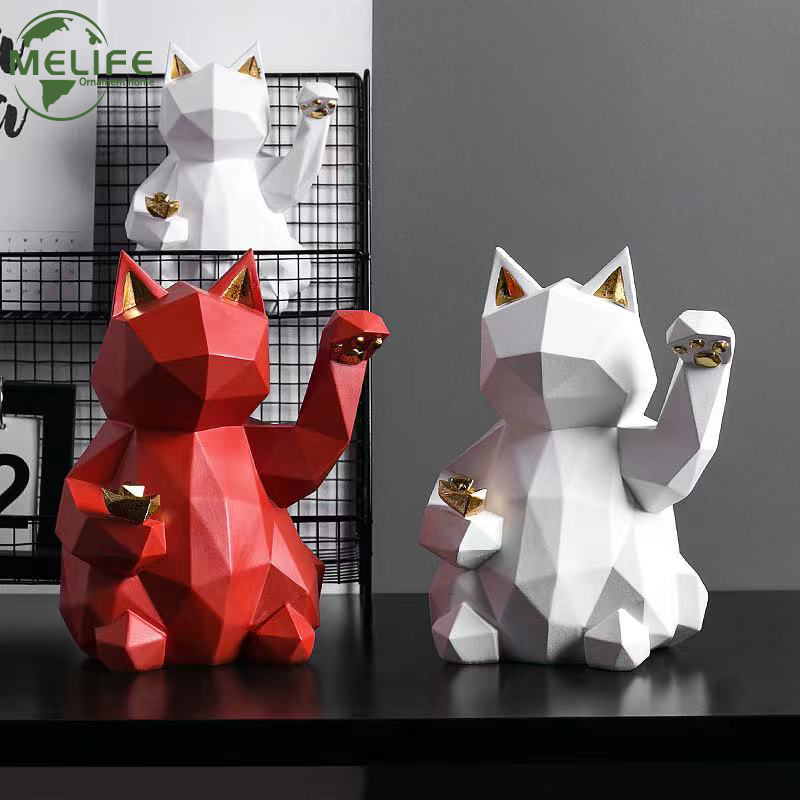 北欧几何卡通红色招财猫摆件客厅电视柜桌面现代简约动物装饰礼品