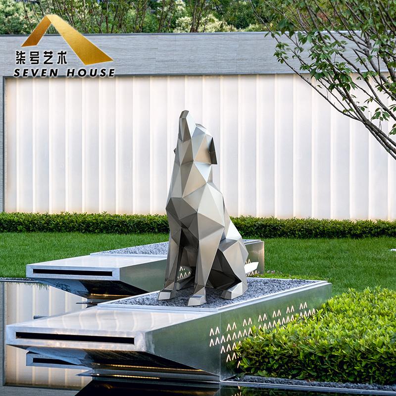 户外不锈钢几何犬雕塑售楼部门口抽象动物狗庭院园林大型落地摆件