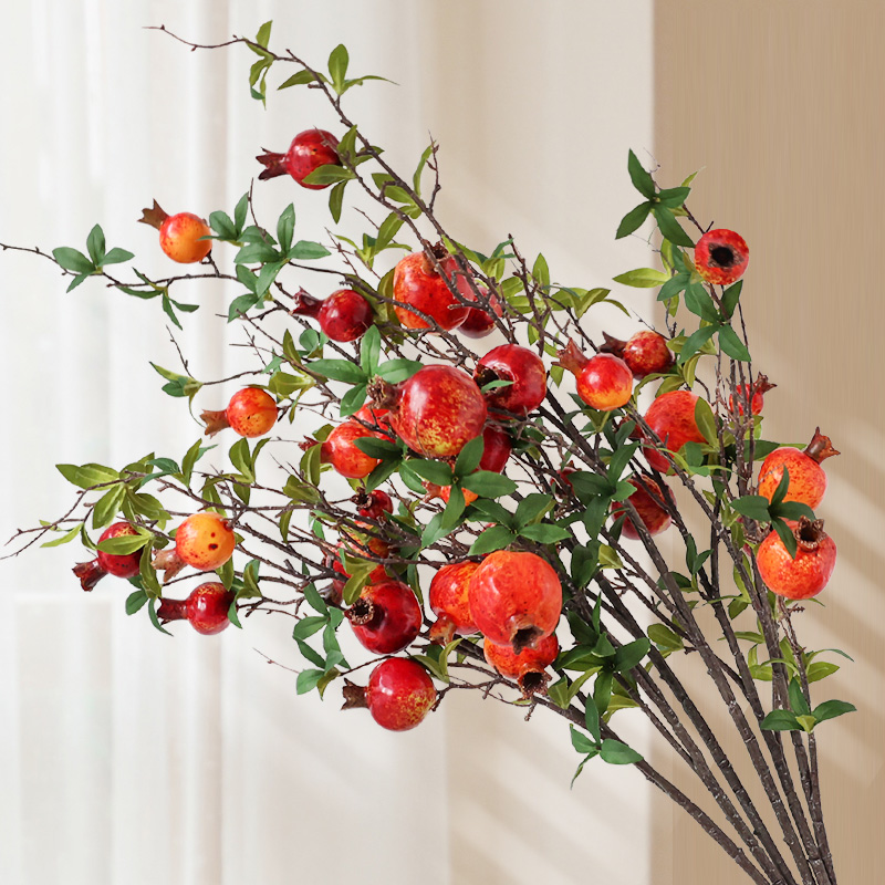 仿真花石榴果装饰摆件客厅餐桌玄关柿子果实假花树枝如意插花束