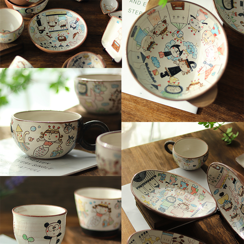 现货日本作家手作手绘手刻陶器王子与公主童话卡通餐具碗面碗饭碗