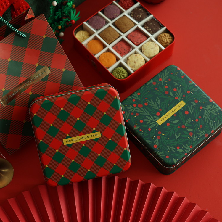 简约圣诞正方形曲奇饼干糖盒子雪花酥盒礼品包装盒空盒马口铁盒