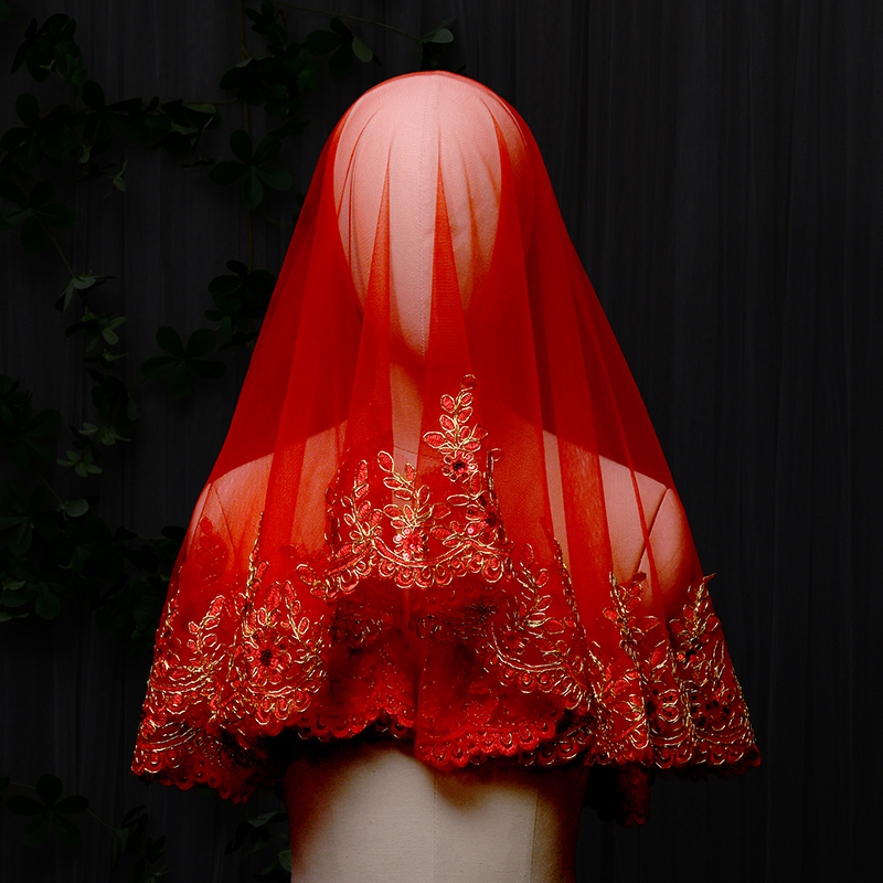 新娘出门纱半透明红盖头结婚蕾丝红色头纱秀禾喜帕中式婚礼蒙头巾