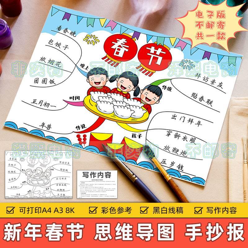 新年快乐手抄报模板小学生中国传统节日春节习俗思维导图儿童绘画