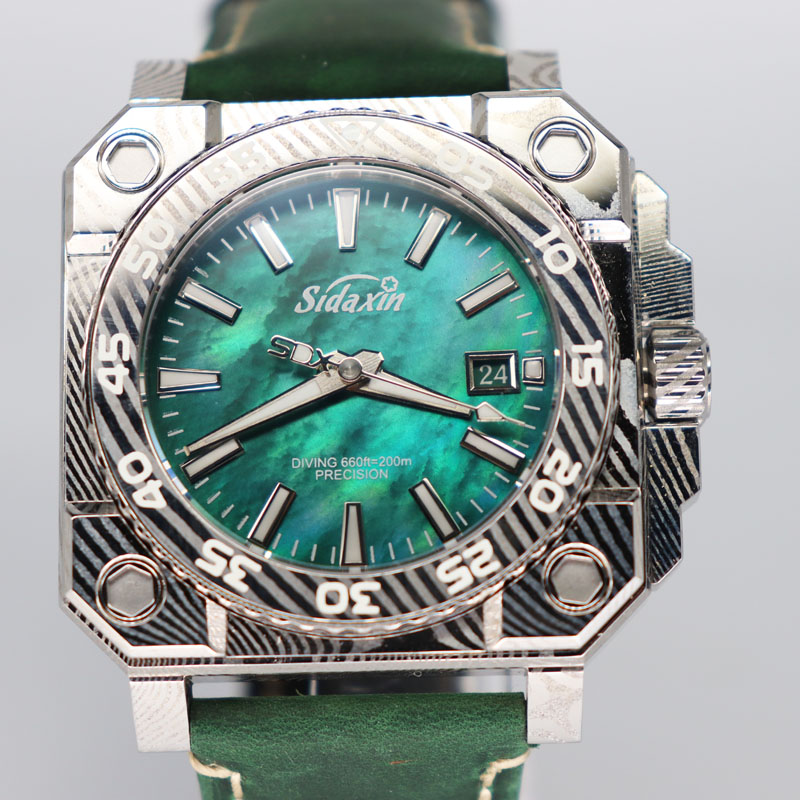 添时达大马士革钢木纹金大马铜方形机械深度防水个性私人定制手表
