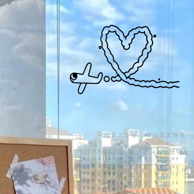 ins爱心小飞机图案玻璃墙贴纸  店铺橱窗墙面装饰 创意居家窗贴