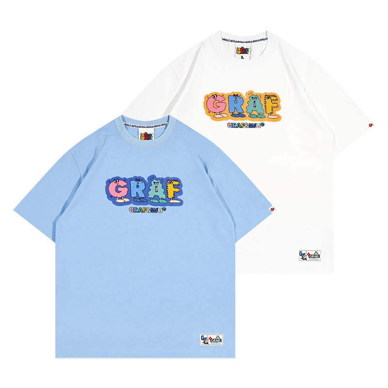 GRAF原创品牌多个表情字母卡通人物彩色可爱纯棉休闲宽松短袖T恤