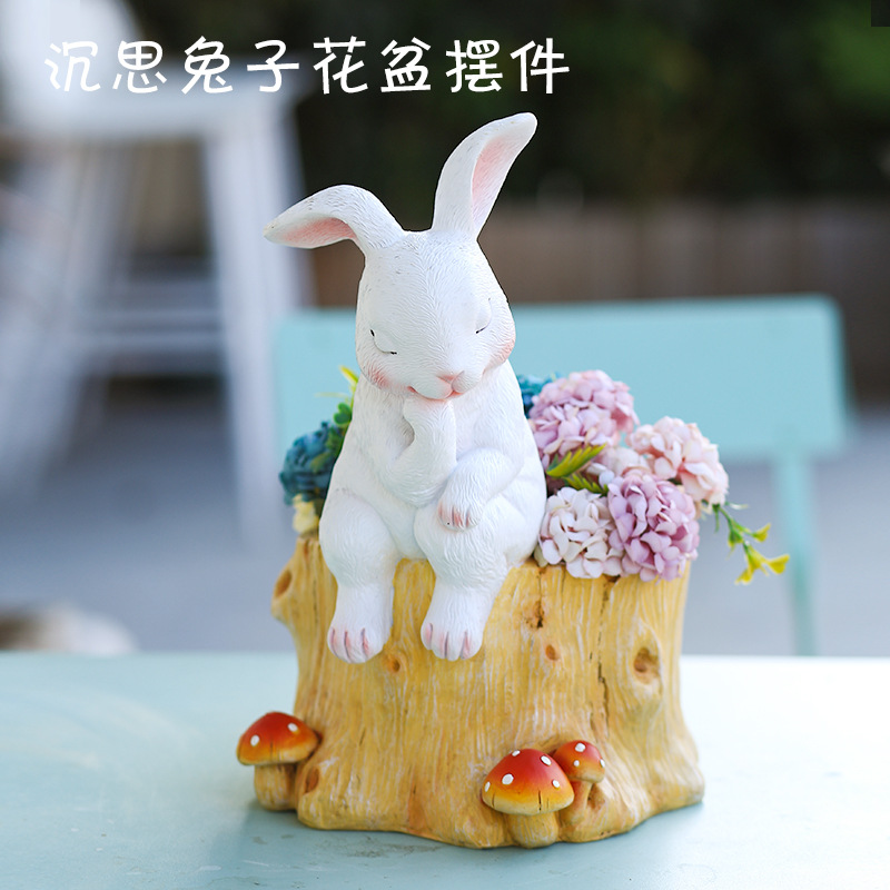 跨境田园风沉思兔子花盆摆件户外花园卡通摆件创意兔子动物工艺品