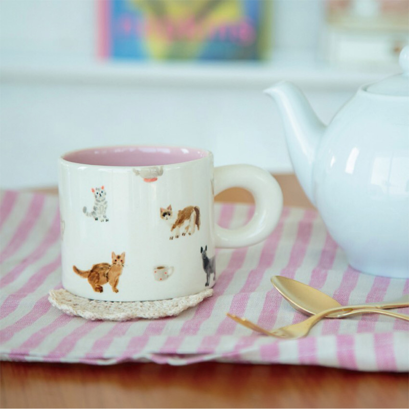 日本进口可爱猫咪小狗小鸟插画素描陶瓷马克杯水杯下午茶咖啡杯