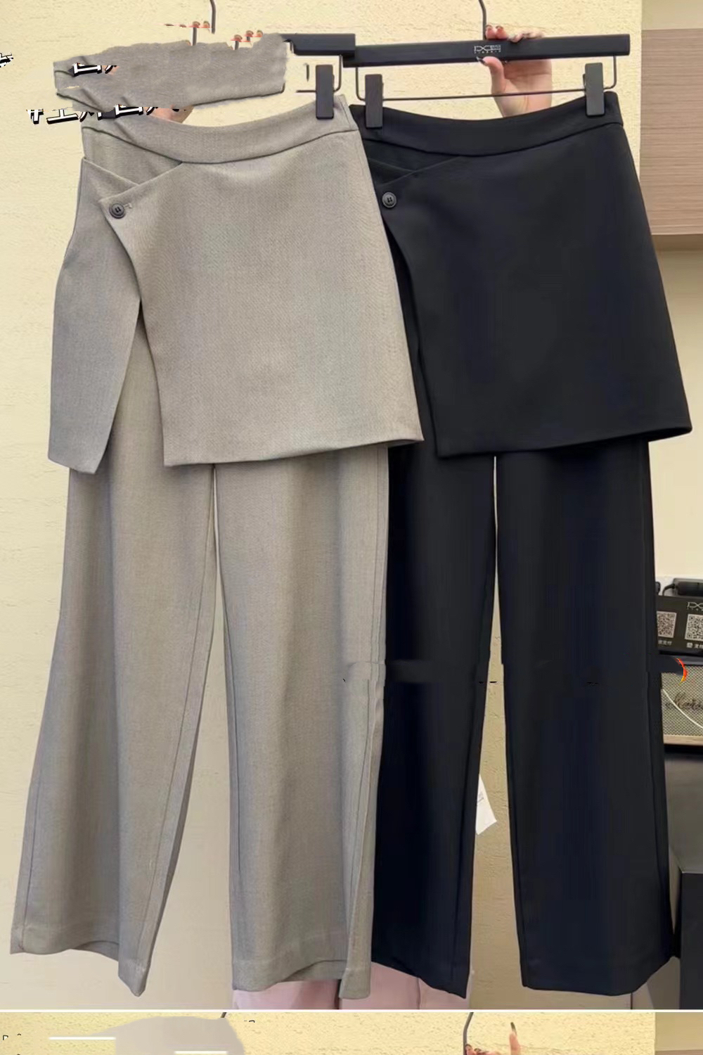 欧货韩版女装24年春02224设计感假两件西裤裙裤叠穿不要太帅了A22