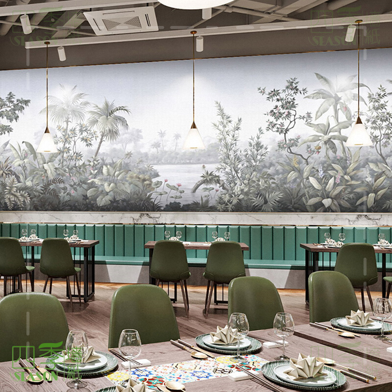 热带雨林森林风景大自然墙纸2022新款网红餐饮店客厅壁纸美式复古