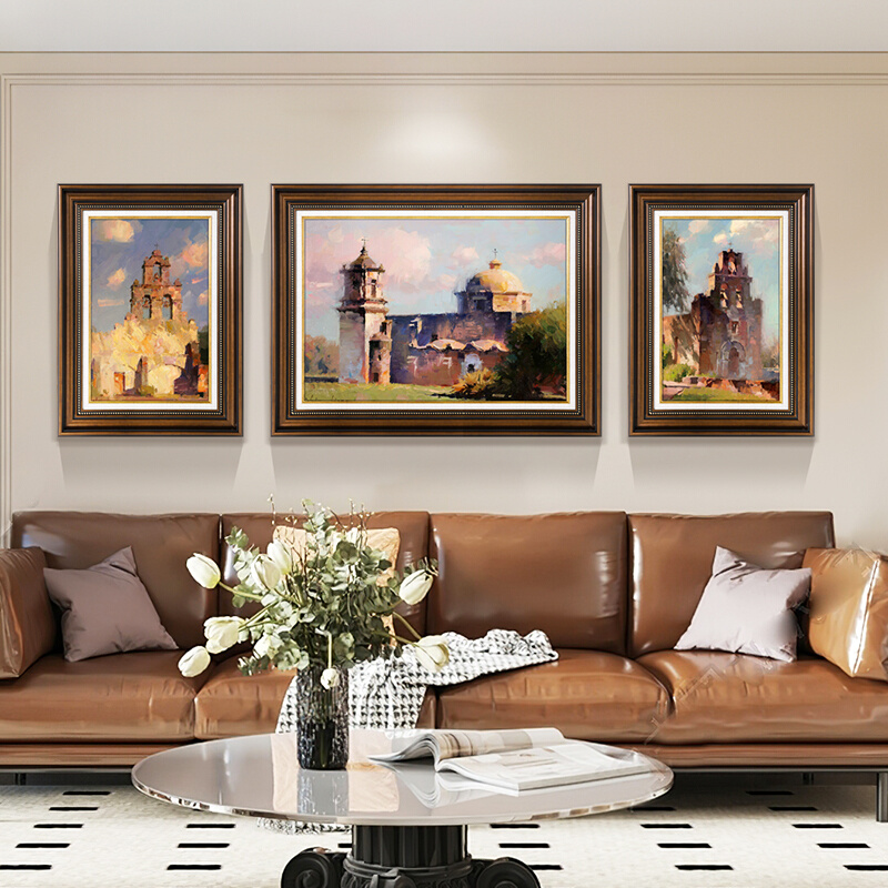 美式客厅装饰画建筑艺术欧式沙发背景墙壁画风景大气复古三联画