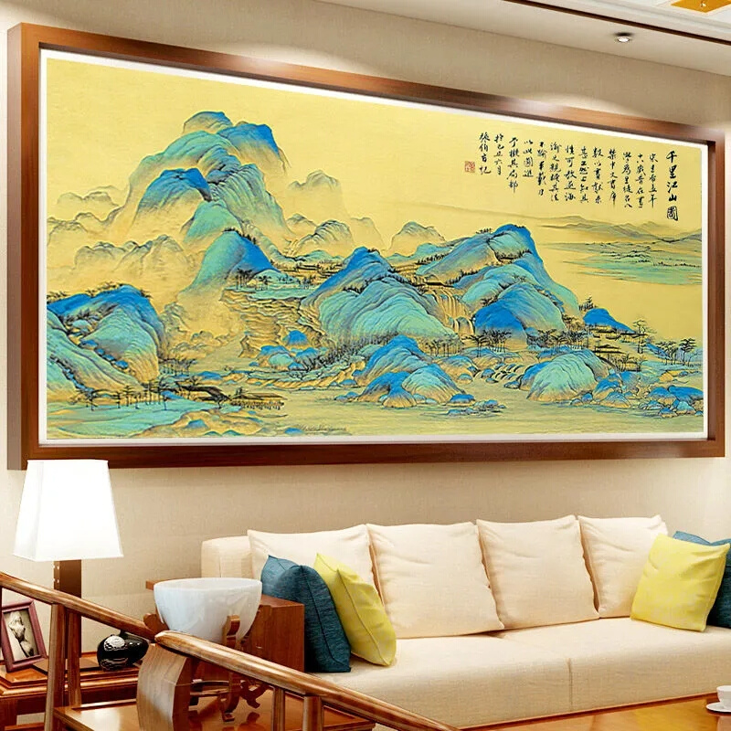 纯手工十字绣成品千里江山图客厅大幅风景山水装饰挂画已绣好的