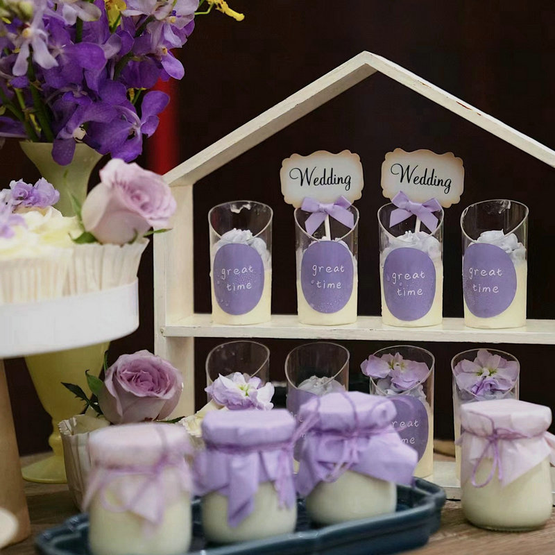 紫色布丁杯封口纸订婚婚礼甜品台装饰慕斯杯蛋糕插件贴纸纸杯围边