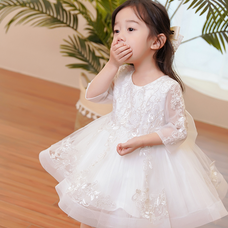 花童婚礼小女孩礼服夏季高端儿童白色婚纱裙蓬蓬演出服女童公主裙