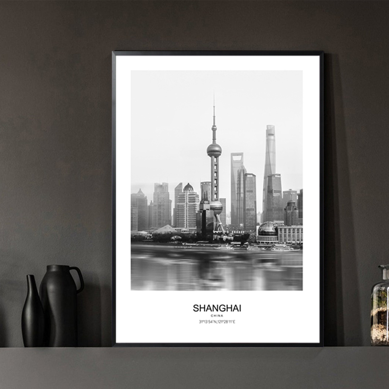黑白装饰画客厅背景墙卧室城市风景建筑摄影挂画北京上海广州壁画